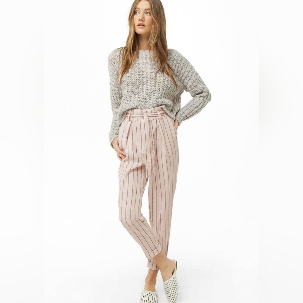 Forever 21 Paperbag Waist Belted Pants in Beige Pinstripe Size L